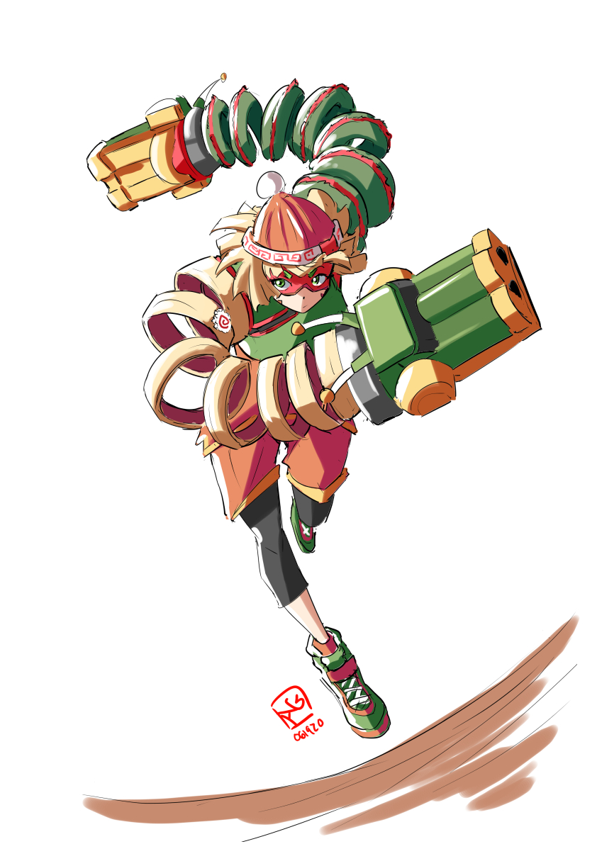 1girl arms_(game) automatic_giraffe beanie blonde_hair dragon_(arms) eye_mask green_eyes green_shoes hat min_min_(arms) running shoes short_hair solo