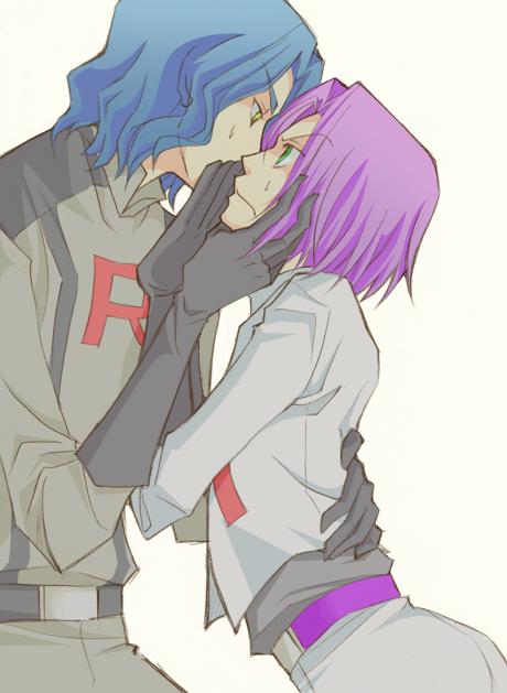 2boys belt black_gloves blue_hair embarrassed gloves green_eyes imminent_kiss james_(pokemon) kiss looking_at_another male_focus multiple_boys nintendo non-web_source pierce_(pokemon) pokemon pokemon_(anime) pokemon_bw_(anime) purple_belt purple_hair sebuchin source_request sweat sweatdrop team_rocket teamwork white_background yaoi yellow_eyes