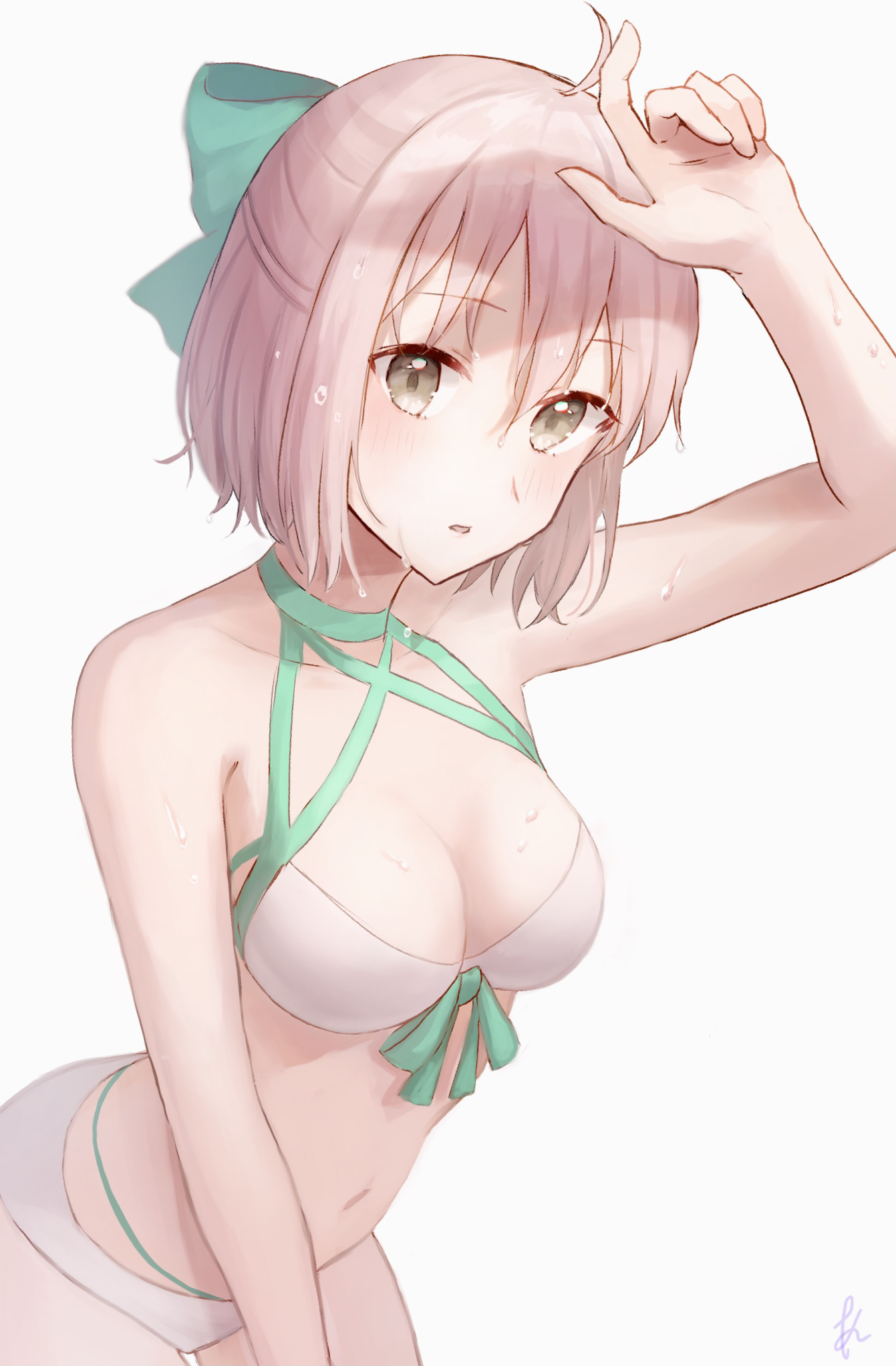 1girl :o ahoge aqua_bow bikini blush bow breasts brown_eyes cleavage commentary_request fate/grand_order fate_(series) hair_between_eyes hair_bow half_updo highres kaori_(vuoian_appxv) looking_at_viewer medium_breasts navel okita_j._souji_(fate) okita_j._souji_(third_ascension)_(fate) okita_souji_(fate) pink_hair shadow short_hair simple_background solo stomach swimsuit wet white_background white_bikini