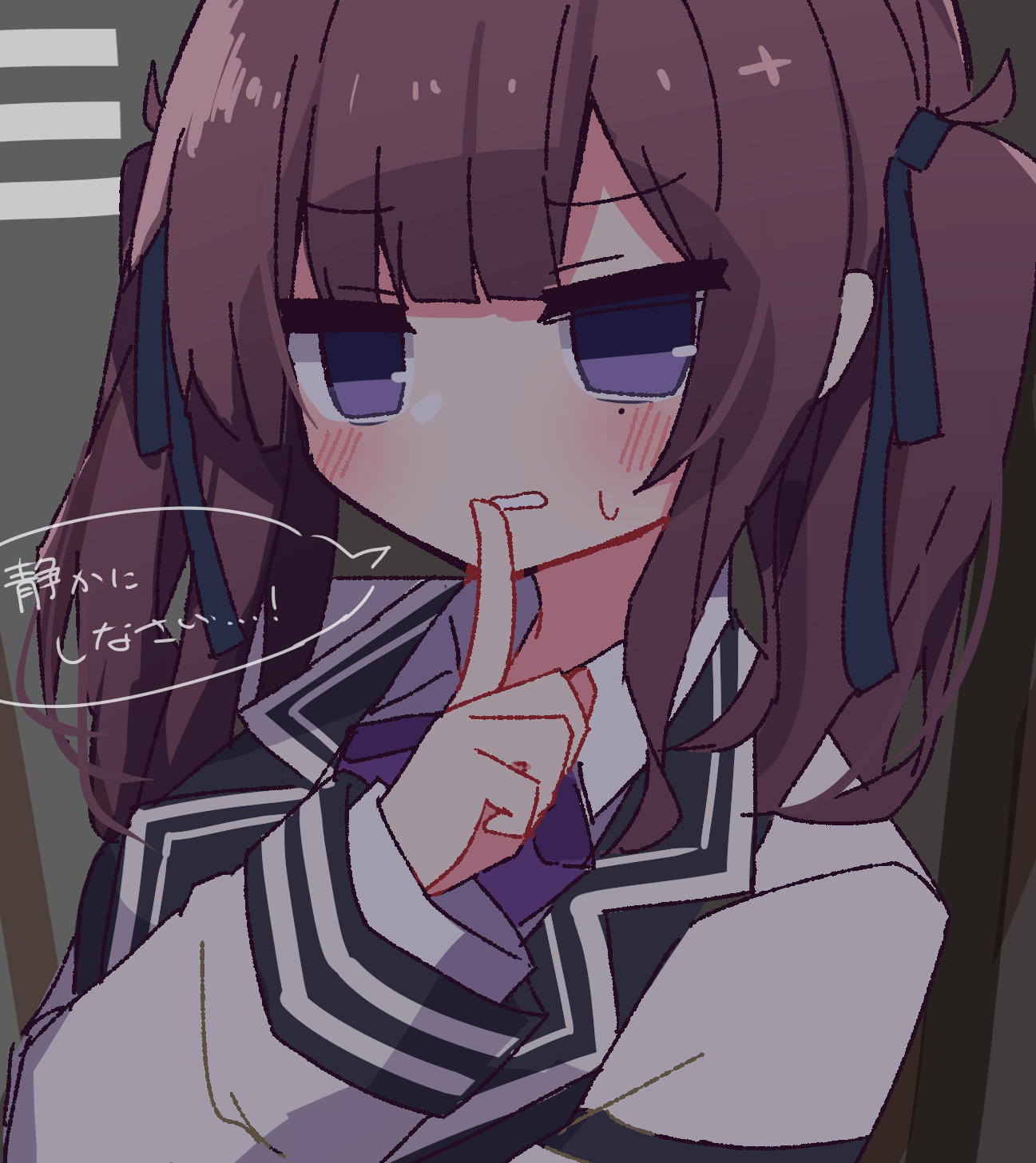 1girl black_ribbon blunt_bangs blush bow bowtie brown_hair cevio collared_shirt commentary dated_commentary finger_to_mouth hair_ribbon hand_up hibino_000 highres index_finger_raised long_sleeves looking_at_viewer medium_hair natsuki_karin parted_bangs parted_lips purple_bow purple_bowtie purple_eyes ribbon shirt shushing solo speech_bubble sweatdrop synthesizer_v teeth translated two_side_up upper_body white_shirt