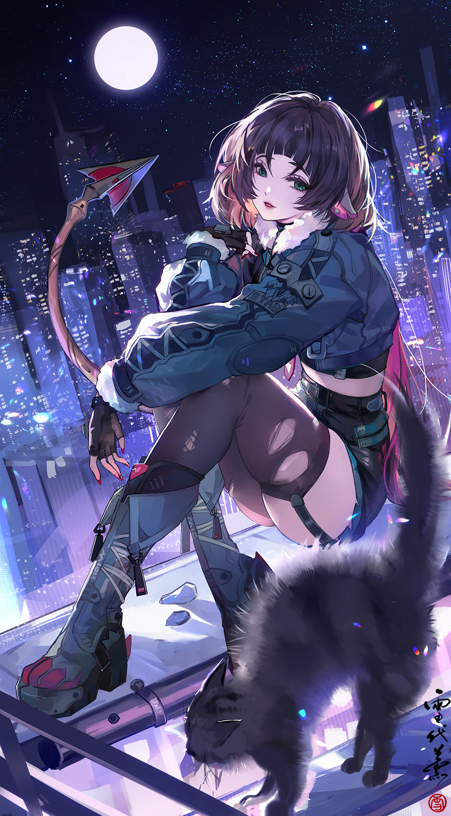 1girl black_cat black_gloves black_pantyhose black_shorts black_thighhighs blunt_bangs boots cat cityscape fingernails full_body full_moon fur-trimmed_jacket fur_trim gloves green_boots green_eyes green_hair green_jacket high-waist_shorts highres jacket jane_doe_(zenless_zone_zero) long_hair moon moonlight mouse_girl mouse_tail multicolored_hair nail_polish night night_sky open_mouth outdoors pantyhose red_hair red_nails shadow shorts sidelocks single_leg_pantyhose single_thighhigh sky smile solo star_(sky) starry_sky tail thighhighs torn_clothes torn_pantyhose torn_thighhighs two-tone_hair xuedaixun zenless_zone_zero