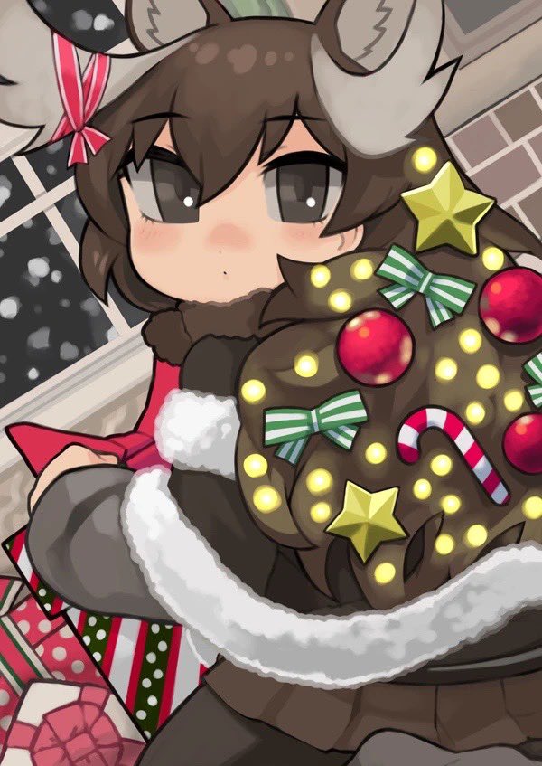 1girl animal_ears black_eyes black_hair cape christmas christmas_ornaments christmas_present extra_ears gift horns kemono_friends long_hair looking_at_viewer moose_(kemono_friends) moose_ears moose_girl night pantyhose ribbon rinx shirt skirt snow solo