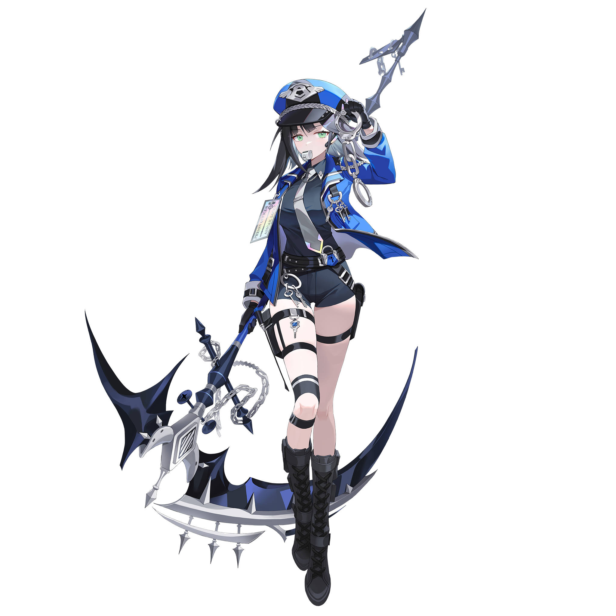 abigail_(black_survival) abigail_(prison_guard)_(black_survival) black_boots black_hair black_survival blue_bodysuit blue_hat blue_jacket bodysuit boots cuffs eternal_return:_black_survival green_eyes handcuffs hat highres holding holding_scythe jacket official_art scythe short_hair tagme