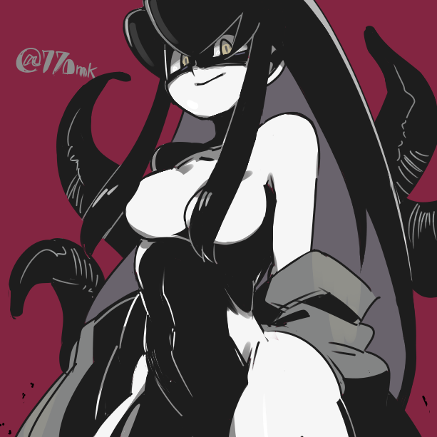 1girl 770mk breasts closed_mouth commentary_request cowboy_shot empty_eyes evil_smile grey_kimono hair_over_breasts japanese_clothes kimono large_breasts leech long_hair looking_at_viewer looking_down navel original red_background shaded_face shadow sidelocks smile solo standing twitter_username undressing yellow_eyes
