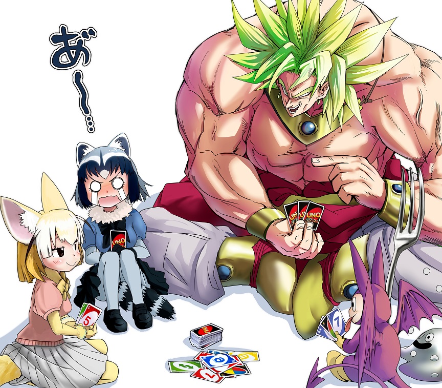 10s 1boy 2girls animal_ears blank_eyes blonde_hair boots bracelet broly_(dragon_ball_z) card closed_mouth commentary_request common_raccoon_(kemono_friends) crossover crying crying_with_eyes_open doitsuken dragon_ball dragon_quest dragonball_z earrings fennec_(kemono_friends) fork fox_ears fox_tail full_body holding holding_card indian_style jewelry kemono_friends knees_up legendary_super_saiyan liquid_metal_slime_(dq) long_hair metal_slime minidemon multiple_crossover multiple_girls muscular muscular_male necklace o_o open_mouth pants pantyhose pectorals playing_card playing_games pointing raccoon_ears sitting smile spiked_hair streaming_tears striped_tail super_saiyan tail tears topless_male uno_(game)