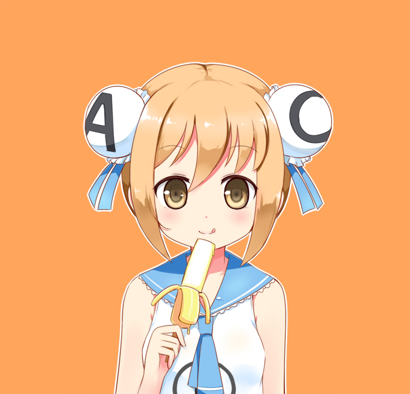 1girl acfun acfun_girl blue_ribbon blush breasts brown_eyes bun_cover closed_mouth double_bun female_focus hair_bun linda_b looking_at_viewer medium_breasts orange_background orange_hair ribbon short_hair simple_background sleeveless smile solo tongue tongue_out