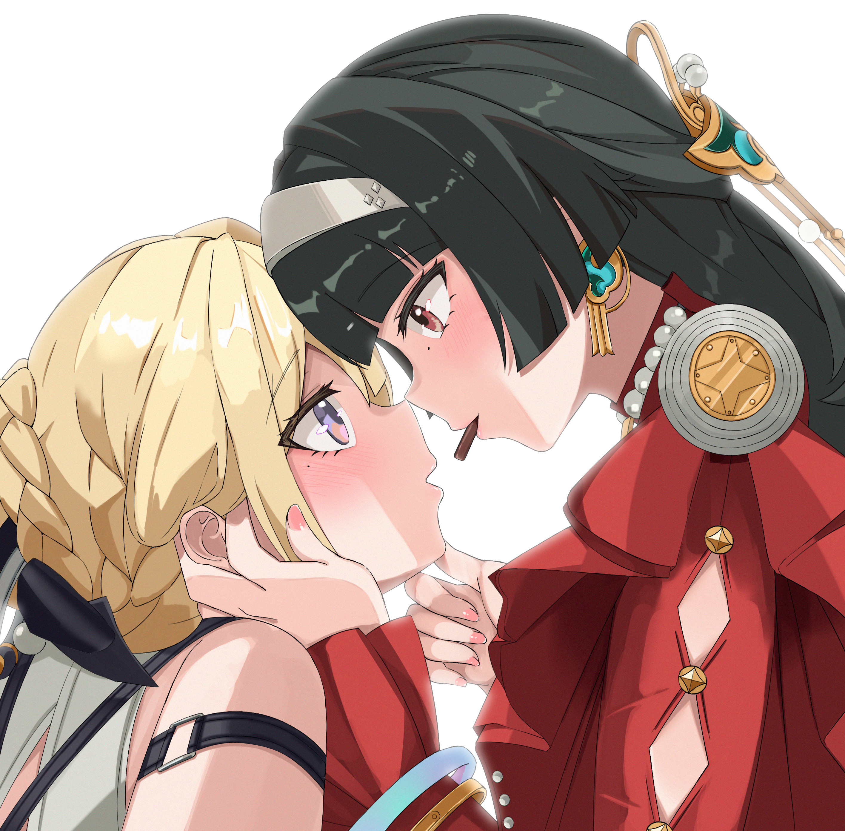 2girls absurdres arm_strap astra_yao black_hair blonde_hair blush bracelet braid braided_bun chest_harness chocolate dress earrings evelyn_chevalier eye_contact feeding hair_bun hair_ornament hairband hand_on_another's_chin harness highres imminent_kiss incoming_food jewelry long_hair looking_at_another mouth_hold multiple_girls necklace pearl_necklace purple_eyes red_dress red_eyes shared_food sharing_food shirt short_hair sylux white_hairband white_shirt yuri zenless_zone_zero