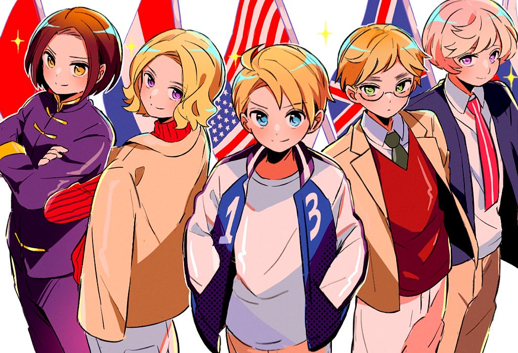 5boys america_(hetalia) american_flag axis_powers_hetalia black-framed_eyewear blonde_hair blue_eyes blue_jacket brown_eyes brown_hair brown_jacket brown_pants china_(hetalia) chinese_clothes closed_mouth collared_shirt cowboy_shot crossed_arms france_(hetalia) french_flag from_side glasses green_eyes green_necktie hands_in_pockets jacket lapels long_sleeves looking_at_viewer male_focus mandarin_collar multiple_boys necktie number_print open_clothes open_jacket pants people&#039;s_republic_of_china_flag pink_necktie puffy_long_sleeves puffy_sleeves purple_eyes purple_jacket purple_pants purple_shirt red_sweater red_vest russia_(hetalia) russian_flag sanamaru_(sana79261827) shirt short_hair smile sparkle standing sweater t-shirt turtleneck turtleneck_sweater union_jack united_kingdom_(hetalia) vest white_background white_hair white_pants white_shirt