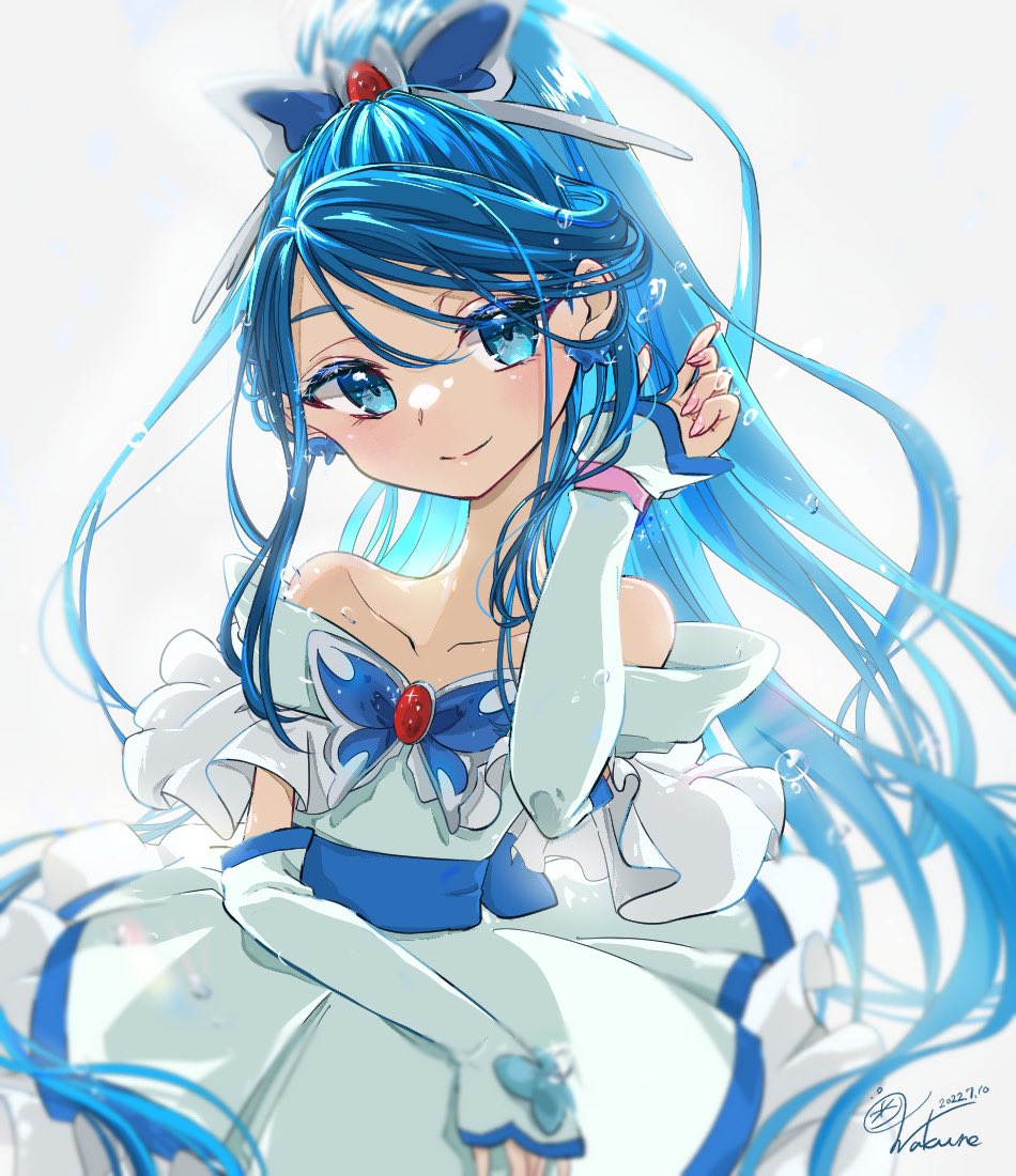 1girl bare_shoulders blue_eyes blue_hair blurry_border closed_mouth commentary_request cure_aqua dress earrings elbow_gloves gloves hair_between_eyes jewelry looking_at_viewer magical_girl minazuki_karen narrow_waist ponytail precure signature simple_background smile solo wakuno_lemon yes!_precure_5