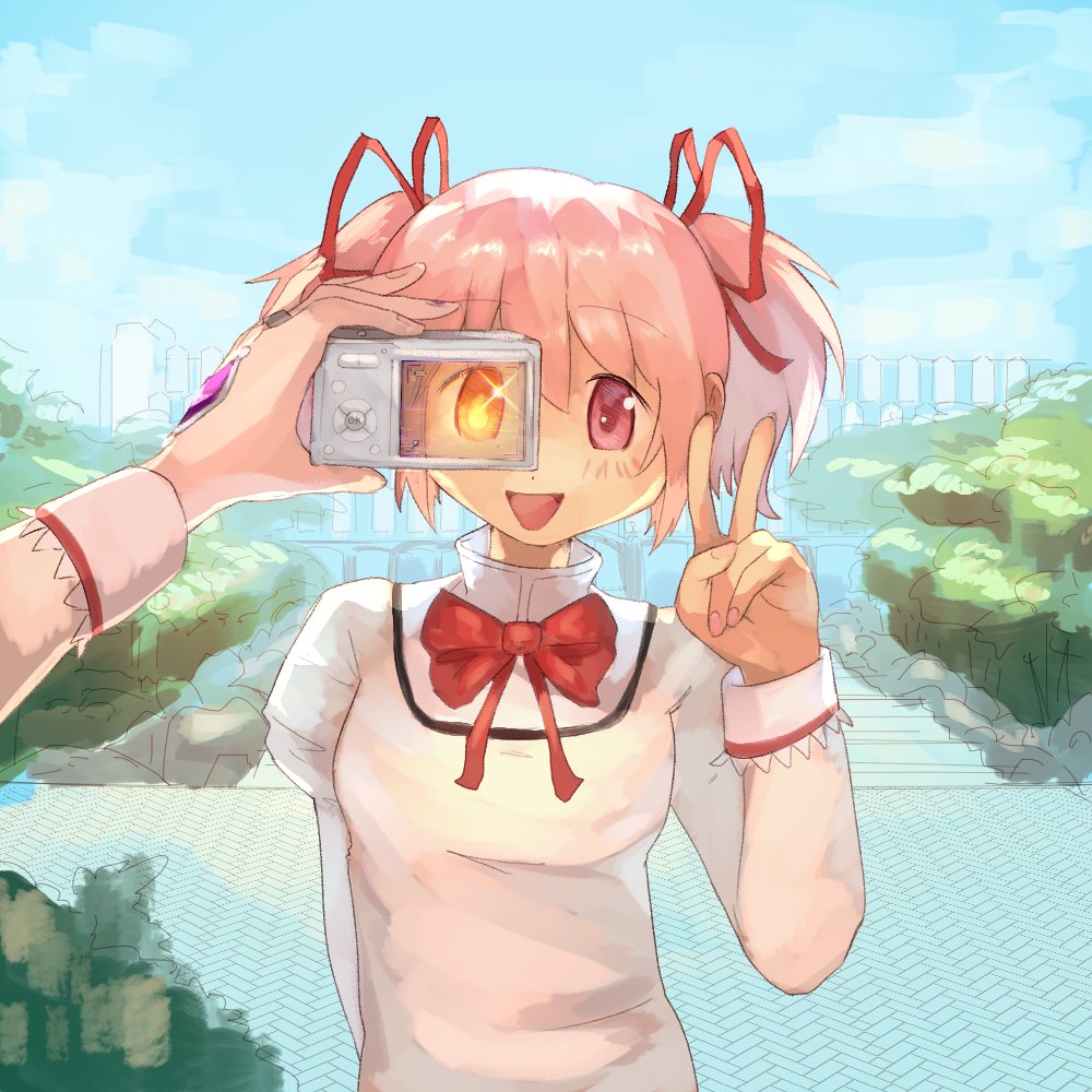 2girls akemi_homura arm_behind_back blue_sky bow bowtie camera day holding holding_camera kaname_madoka keymeyy mahou_shoujo_madoka_magica mahou_shoujo_madoka_magica_(anime) mitakihara_school_uniform multiple_girls open_mouth outdoors pink_eyes pink_hair pov red_bow red_bowtie school_uniform sky smile twintails v