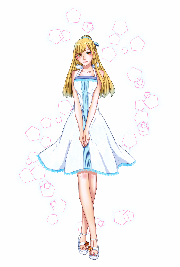 blonde_hair braid brown_eyes chacha dress hair_bun high_heel_sandals legs long_hair multicolored_nails own_hands_clasped sandals sengoku_musou sundress white_dress