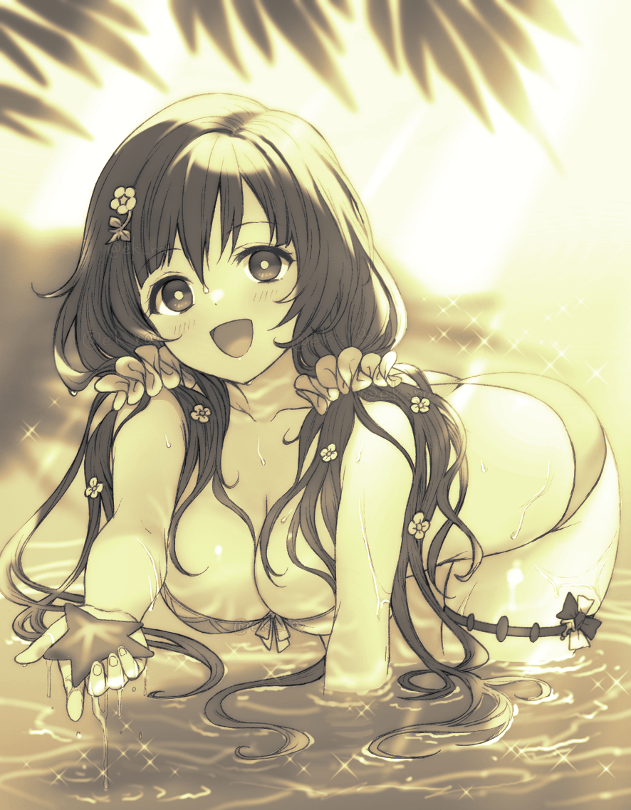 1girl :d breasts cleavage ekra granblue_fantasy hair_between_eyes hair_ornament hair_scrunchie large_breasts leaning_forward long_hair looking_at_viewer monochrome open_mouth raziel_(granblue_fantasy) raziel_(summer)_(granblue_fantasy) scrunchie smile starfish thick_thighs thighs twintails water white_scrunchie