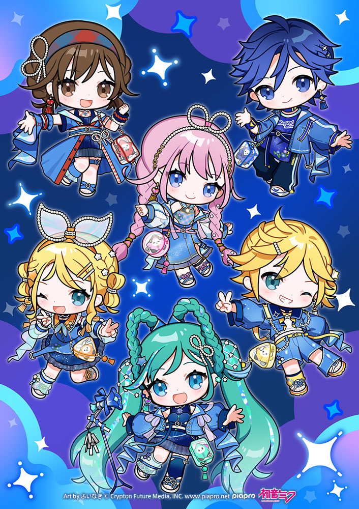 2boys 4girls :d ;d aqua_hair artist_name bag black_pants blonde_hair blue_eyes blue_hair blue_jacket blue_shirt blue_shoes blue_shorts blue_skirt blue_theme blue_thighhighs blush bow_hairband braid braided_hair_rings brown_eyes brown_hair chibi chibi_only closed_mouth commentary_request copyright_notice crop_top double_v earrings fuinagi_(huyuu_mm) full_body grin hair_ornament hair_rings hairband hatsune_miku hip_vent jacket jewelry kagamine_len kagamine_rin kaito_(vocaloid) logo long_sleeves magical_mirai_(vocaloid) magical_mirai_kaito magical_mirai_kaito_(2025) magical_mirai_len magical_mirai_len_(2025) magical_mirai_luka magical_mirai_luka_(2025) magical_mirai_meiko magical_mirai_meiko_(2025) magical_mirai_miku magical_mirai_miku_(2025) magical_mirai_rin magical_mirai_rin_(2025) megurine_luka meiko_(vocaloid) multiple_boys multiple_girls official_art one_eye_closed open_mouth orange_sailor_collar pants pink_hair print_shirt puffy_long_sleeves puffy_sleeves sailor_collar second-party_source shirt shoes short_hair shorts single_earring single_thighhigh skirt smile star_(symbol) star_hair_ornament tassel tassel_earrings teeth thighhighs twin_braids twintails v vocaloid