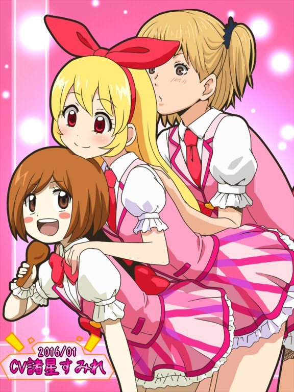 3girls aikatsu! aikatsu!_(series) awa blonde_hair blush_stickers brown_hair closed_mouth crossover dress haikyuu!! hoshimiya_ichigo long_hair morohoshi_sumire multiple_girls necktie open_mouth real_life short_hair side_ponytail skirt smile voice_actor_connection yachi_hitoka