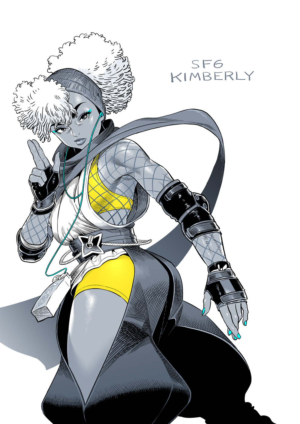 1girl afro blue_nails bra bra_peek character_name commentary_request copyright_name daromeon earphones elbow_pads fingerless_gloves fishnets gloves highres hip_vent kimberly_jackson kuji-in monochrome ninja official_alternate_costume official_alternate_hairstyle panties panty_peek solo spot_color street_fighter street_fighter_6 thighs underwear yellow_bra yellow_panties