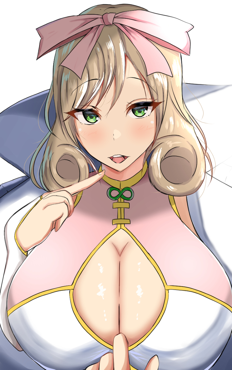 1girl blush breasts cleavage cleavage_cutout cleavage_reach clothing_cutout coat green_eyes hair_ribbon haruka_(senran_kagura) highres large_breasts light_brown_hair medium_hair ribbon seki_(aqua62) senran_kagura teeth upper_teeth_only