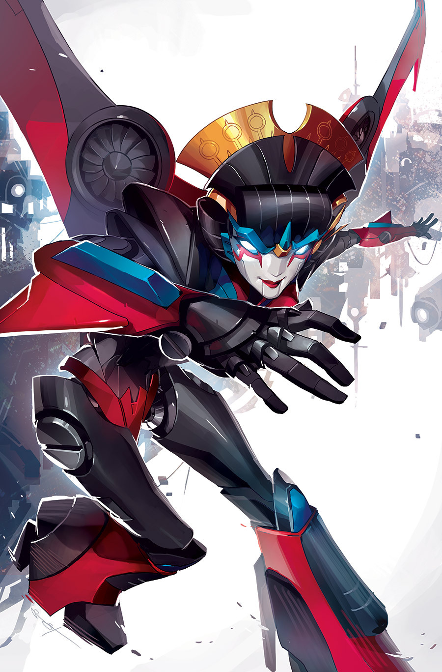 1girl armor blue_eyes breasts highres humanoid_robot mecha mecha_focus medium_breasts official_art panties red_lips red_panties robot sarah_stone shoulder_armor solo the_transformers_(idw) thighs transformers underwear windblade wings