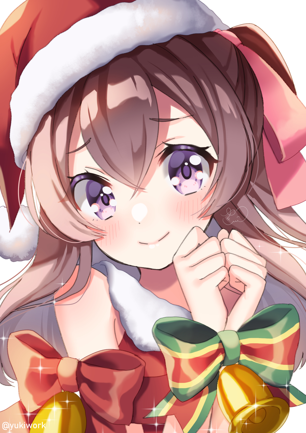 1girl bell bound bound_wrists bow brown_hair delicious_party_precure hat highres long_hair nagomi_yui precure purple_eyes red_bow santa_hat smile solo two_side_up yukinko_(yukiwork)