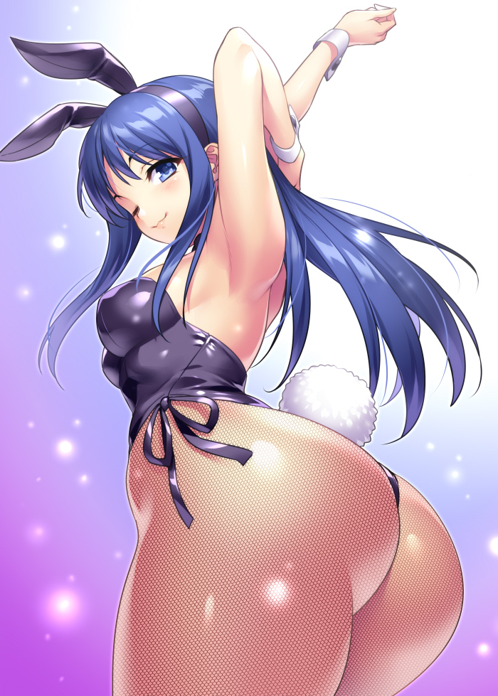 1girl animal_ears armpits arms_behind_head ass black_bow black_bowtie black_leotard blue_eyes blue_hair bow bowtie breasts commentary_request cowboy_shot detached_collar fake_animal_ears fishnet_pantyhose fishnets from_below gradient_background kurusugawa_ayaka large_breasts leotard looking_at_viewer looking_back one_eye_closed pantyhose playboy_bunny rabbit_ears rabbit_tail seductive_smile smile solo strapless strapless_leotard stretching tail to_heart to_heart_(series) wrist_cuffs zen