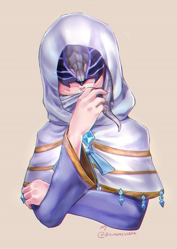 1girl blue_ribbon chromatic_aberration covered_mouth crossed_arms female_focus hand_up hood hood_up invi_(kingdom_hearts) kingdom_hearts kingdom_hearts_unchained_x long_sleeves mask mizu_ramen ribbon snake_mask solo twitter_username upper_body