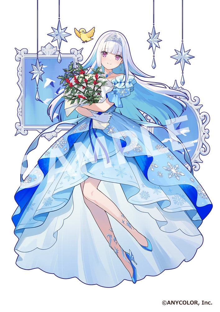 1girl alternate_costume blue_brooch blue_dress blue_footwear blue_hair blunt_bangs blunt_ends bouquet colored_inner_hair commentary_request company_name copyright_notice dress earrings floating_earrings flower full_body gem_in_body gloves hair_flaps hanging_light high-low_dress high_heels holding holding_bouquet jewelry layered_dress lize_helesta long_hair looking_at_viewer mirror multicolored_hair nijisanji official_art picture_frame puffy_short_sleeves puffy_sleeves purple_eyes red_flower sample_watermark sebastian_piyodore short_sleeves simple_background snowflake_print solo tiara urata_asao virtual_youtuber watermark white_background white_gloves white_hair