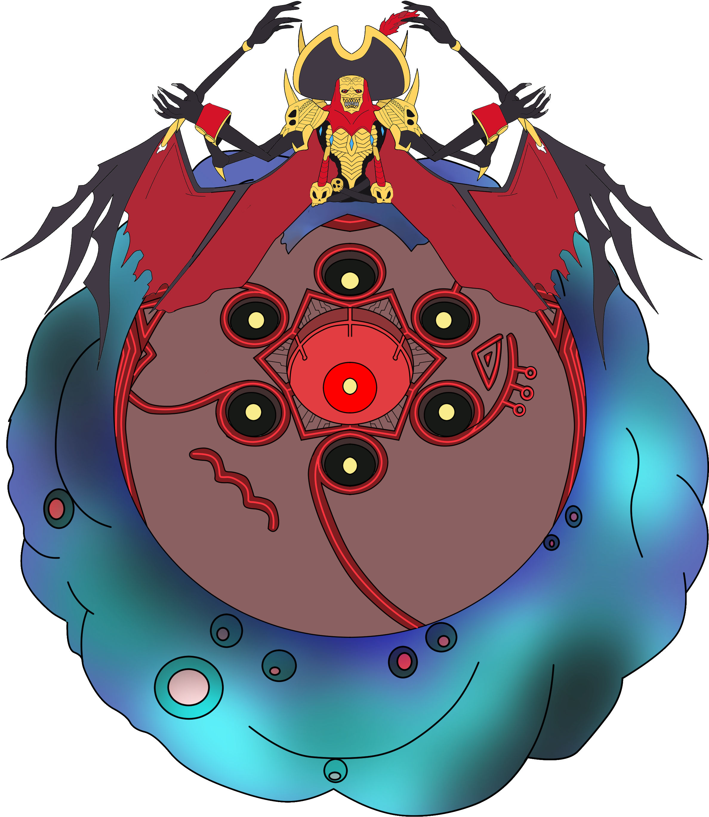 absurdres black_sclera colored_sclera digimon digimon_survive floating fusion hat highres looking_at_viewer master_(digimon) monster red_eyes red_sclera skull voltobautamon yellow_eyes