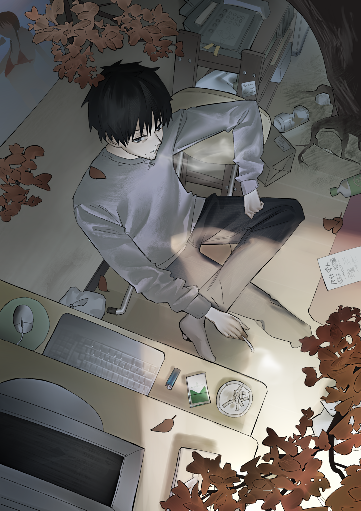 1boy 1girl 2021 autumn_leaves beard_stubble bikini black_hair black_pants bottle box chair cigarette computer_keyboard computer_mouse desk dim_lighting facial_hair grey_shirt holding holding_cigarette leaf leg_on leg_up lighter long_sleeves messy_room mi8pq monitor nhk_ni_youkoso! on_chair pants poster_(object) satou_tatsuhiro shirt sitting socks stubble swimsuit tree water_bottle white_socks