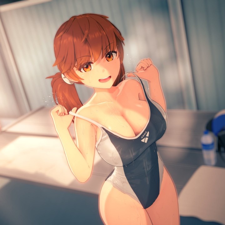 1girl 3d anna_anon anna_skyler_(anna_anon) breasts brown_hair competition_swimsuit koikatsu_(medium) looking_at_viewer non-web_source one-piece_swimsuit orange_eyes short_twintails solo swimsuit thighs twintails