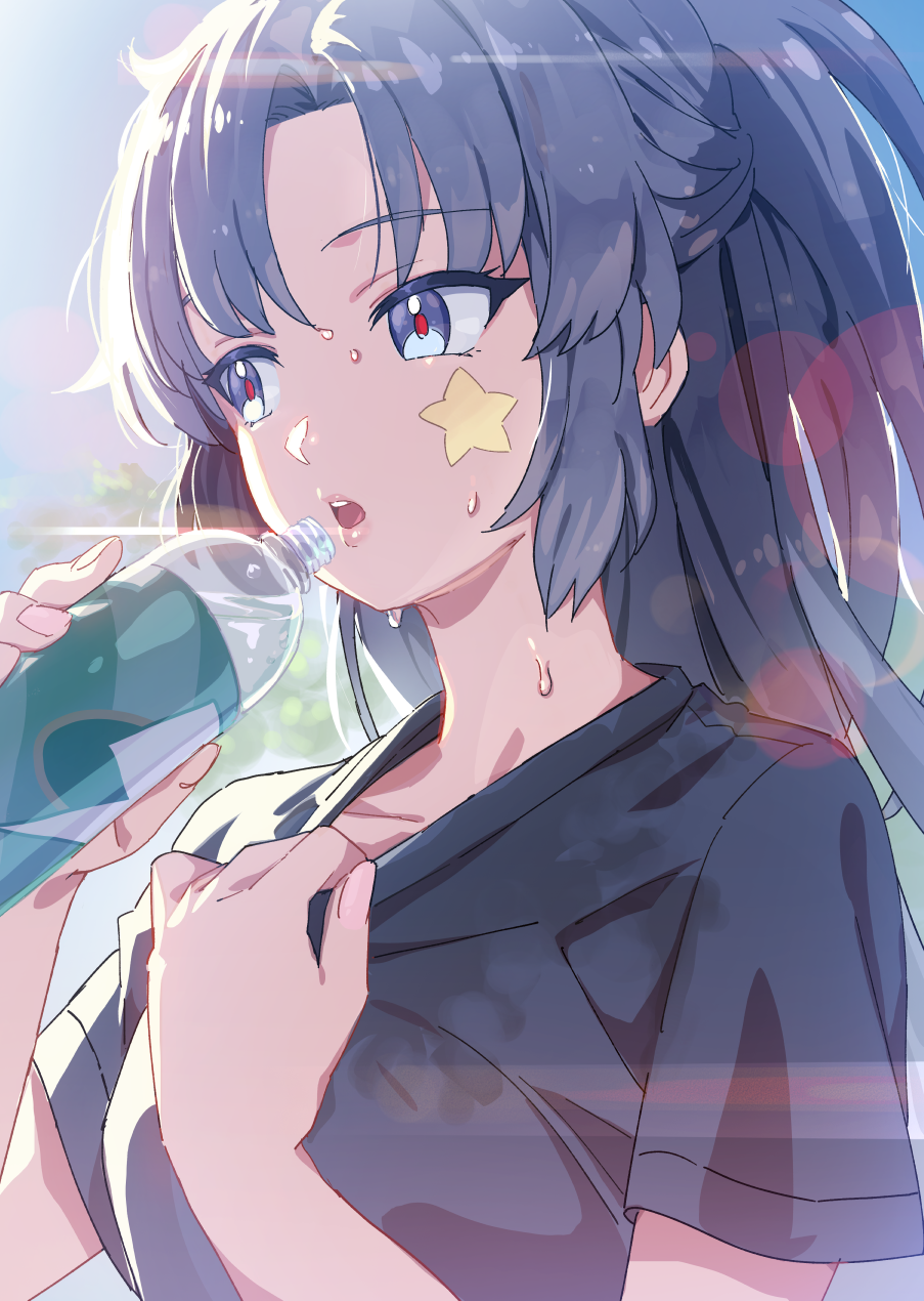 1girl black_shirt blue_archive blue_eyes blue_hair bottle caustics collar_tug commentary_request drinking from_side gym_uniform half_updo highres holding holding_bottle hot kaneko_norihiko lens_flare lips long_hair looking_afar looking_to_the_side no_jacket official_alternate_costume official_alternate_hairstyle open_mouth overexposure pink_lips plastic_bottle ponytail red_pupils shirt short_ponytail short_sleeves sidelighting sideways_glance solo star_sticker sticker_on_face sweat sweaty_clothes t-shirt upper_body very_sweaty water_bottle wet wet_clothes yuuka_(blue_archive) yuuka_(track)_(blue_archive)