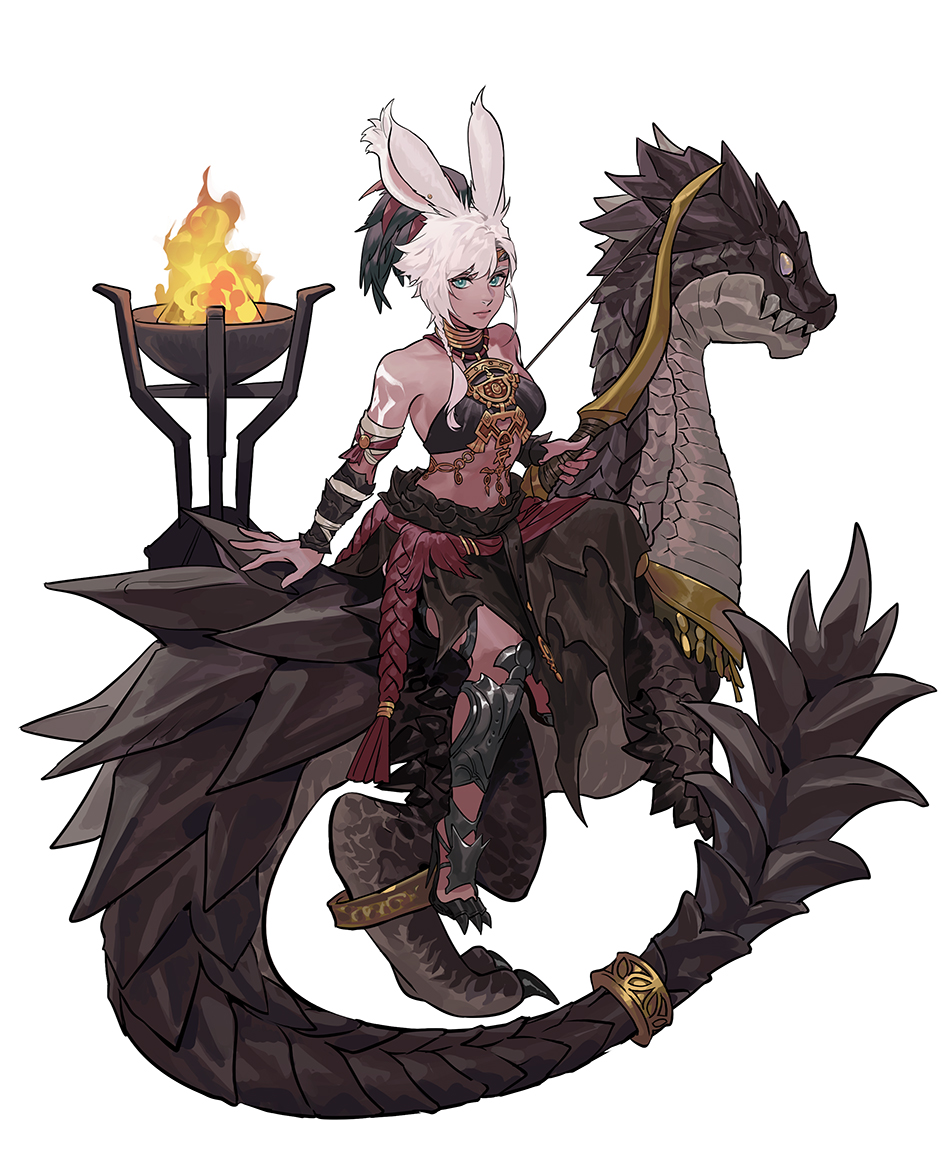 1girl animal_ears arm_support asymmetrical_hair bandeau bard_(final_fantasy) bare_shoulders black_hair bodypaint bow_(weapon) bracer braid byuub closed_mouth dragon final_fantasy final_fantasy_xiv fire full_body high_ponytail holding holding_bow_(weapon) holding_weapon jewelry long_hair multicolored_hair ponytail rabbit_ears riding side_braid sidesaddle simple_background single_braid skirt tan two-tone_hair viera warrior_of_light_(ff14) weapon white_background white_hair wyvern