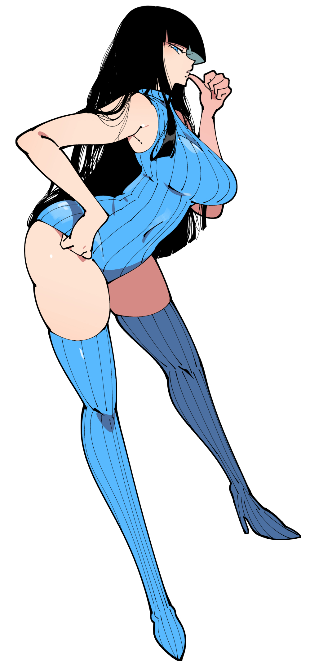 1girl bent_over black_hair blunt_bangs breasts covered_navel full_body half-closed_eyes hand_up high_heels highres kafun large_breasts leotard long_hair original profile ribbed_leotard ribbed_thighhighs simple_background sleeveless solo thighhighs thumb_to_mouth white_background