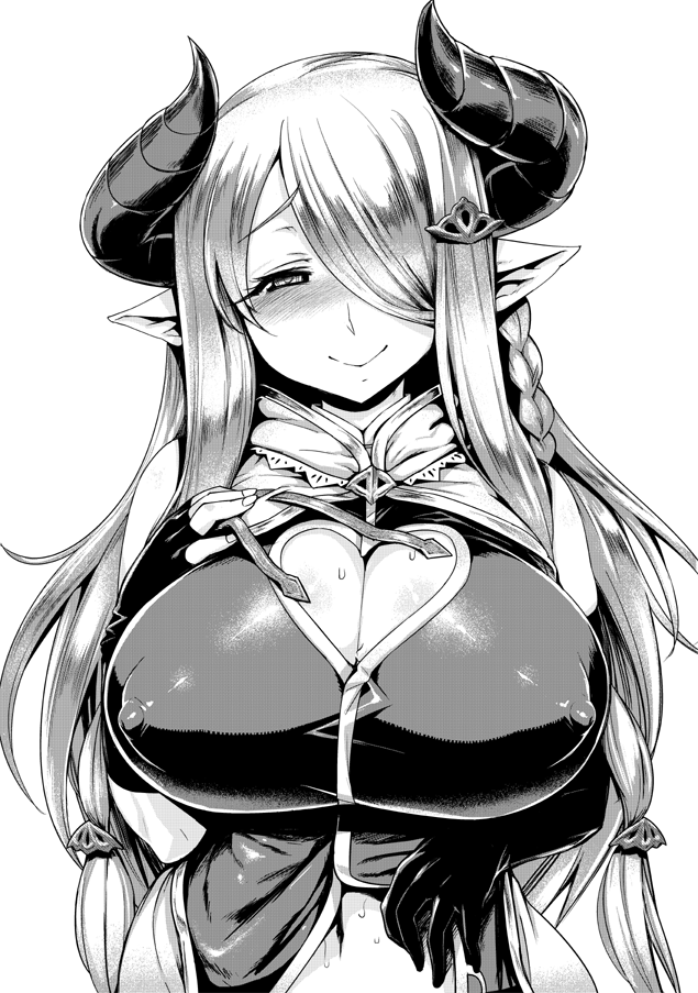 1girl black_gloves blush braid breasts circle_cut cleavage cleavage_cutout clothing_cutout covered_erect_nipples demon_horns draph elbow_gloves eyelashes female_focus gloves granblue_fantasy greyscale hair_ornament hair_over_one_eye half-closed_eyes heart_cutout horns large_breasts long_hair monochrome narmaya_(granblue_fantasy) navel pointy_ears single_braid solo tabigarasu_(mahjong_yuugen_gaisha_58)