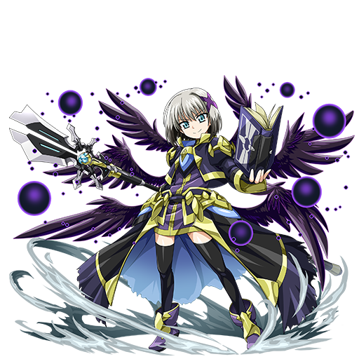 1girl air_current armor armored_dress black_wings book cropped_jacket dress elemental_story energy_ball full_body grey_hair grimoire_(nanoha) hair_ornament holding holding_book holding_staff holding_weapon lord_dearche lyrical_nanoha magical_girl mahou_shoujo_lyrical_nanoha_detonation multicolored_hair multiple_wings official_art short_dress short_hair smile solo staff transparent_background two-tone_hair waist_cape weapon wings x_hair_ornament yersiniakreuz