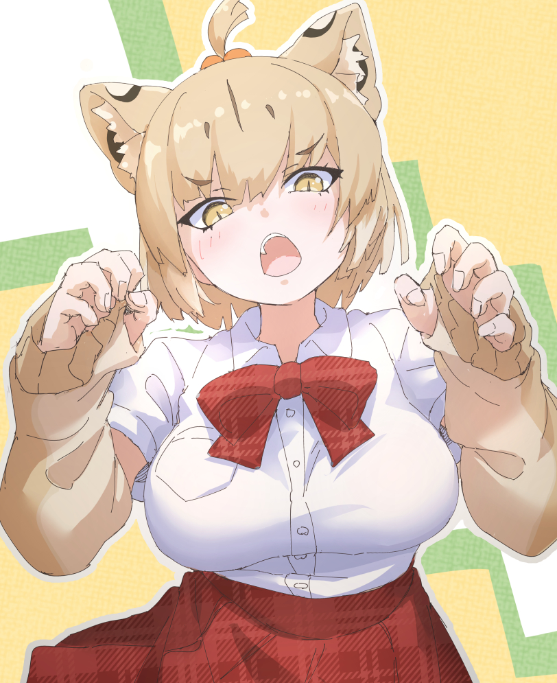 1girl animal_ears blonde_hair blush bow bowtie brown_hair collared_shirt cowboy_shot detached_sleeves extra_ears hair_tie kemono_friends lion_ears lion_girl lowlandgorilla masai_lion_(kemono_friends) multicolored_hair open_mouth plaid_bow plaid_bowtie plaid_clothes plaid_skirt pleated_skirt red_bow red_bowtie red_skirt school_uniform shirt short_sleeves skirt sleeves_past_wrists slit_pupils solo t-shirt thumb_hole_sleeves white_shirt yellow_eyes