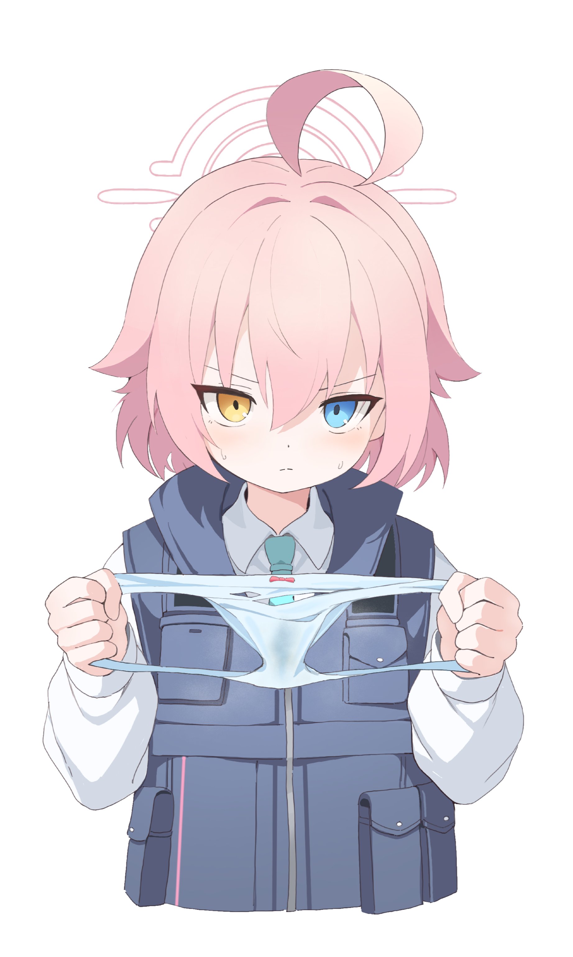 absurdres ahoge blue_archive blue_eyes blue_necktie blue_vest blush bulletproof_vest collared_shirt commentary foreclosure_task_force_(blue_archive) halo heterochromia highres holding holding_panties holding_underwear holding_unworn_clothes hoshino_(blue_archive) hoshino_(first_year)_(blue_archive) hoshino_(young)_(blue_archive) huge_ahoge looking_at_viewer necktie panties pink_hair pink_halo quel_(quel1111) shirt stained_panties sweat symbol-only_commentary underwear utility_vest vest yellow_eyes