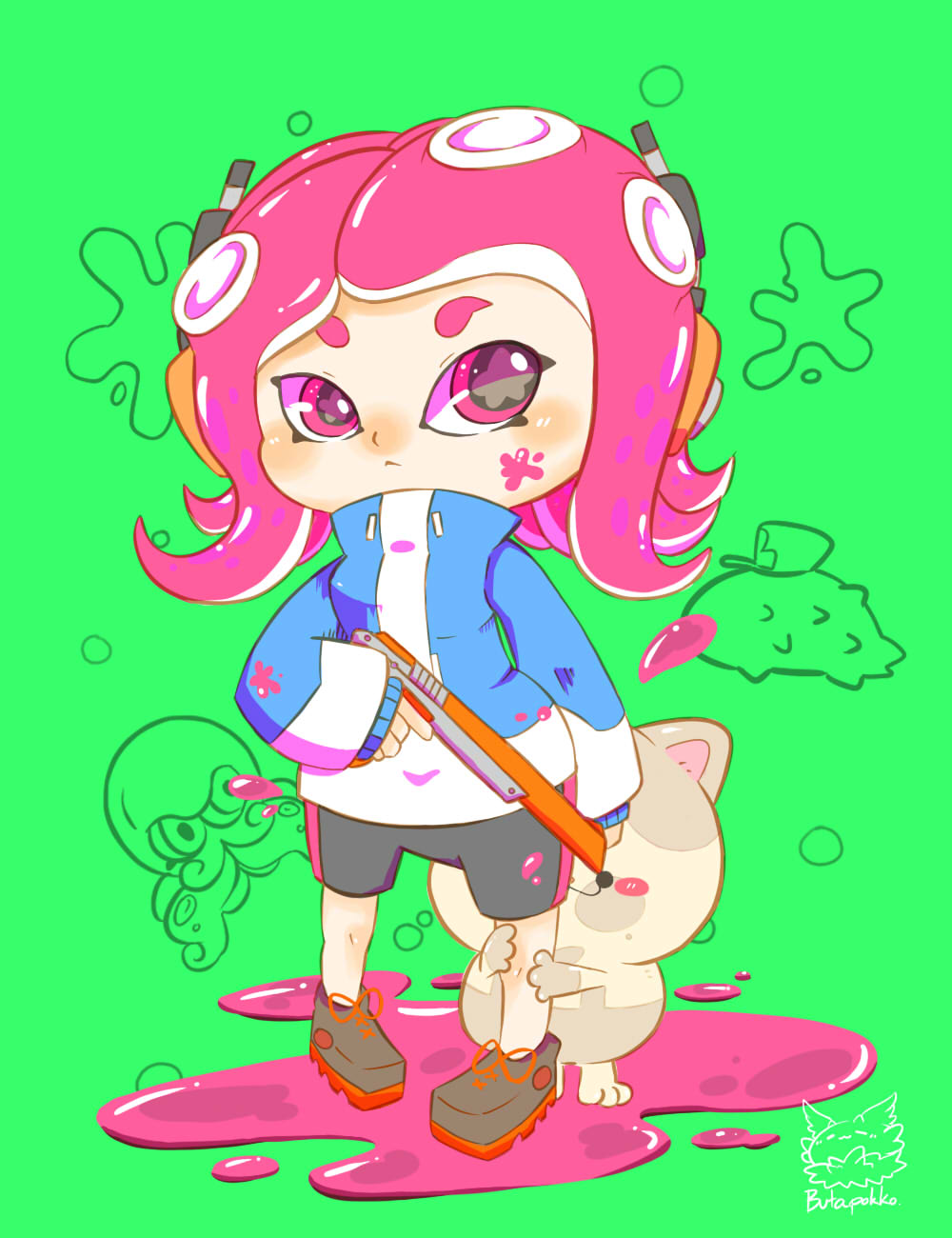 1girl black_shorts blue_jacket butapoko c.q._cumber_(splatoon) cat closed_mouth full_body green_background grey_shirt gun headset highres holding holding_gun holding_weapon ink ink_on_face jacket li&#039;l_judd_(splatoon) mixed-language_commentary nes_zapper nintendo octoling octoling_girl octoling_player_character pink_eyes pink_hair shirt shorts splatoon_(series) star_(symbol) star_in_eye suction_cups symbol_in_eye tentacle_hair weapon