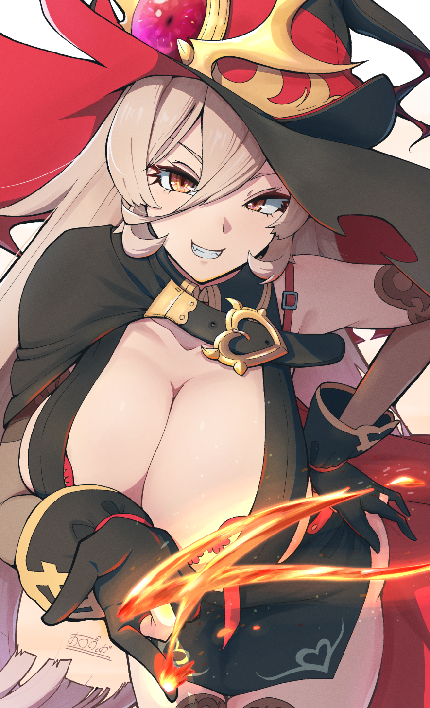 1girl blonde_hair breasts cape cleavage elbow_gloves gloves hair_between_eyes hat highres large_breasts long_hair looking_at_viewer nijisanji nui_sociere nui_sociere_(1st_costume) pororokka_(macareo) sleeveless solo thighs very_long_hair virtual_youtuber white_background witch witch_hat yellow_eyes