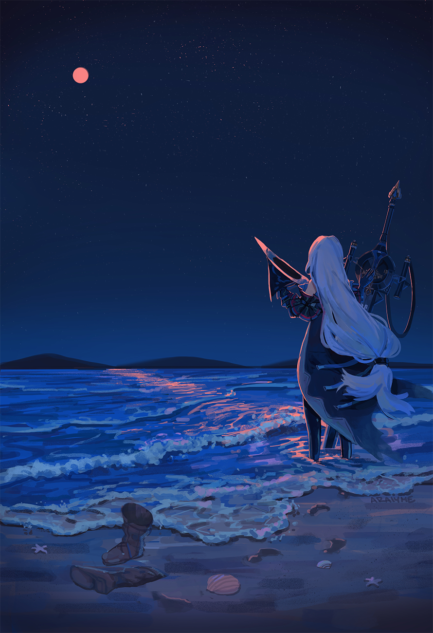 araiyme arknights bare_shoulders boots foaming_waves from_behind hat highres holding holding_unworn_clothes holding_unworn_hat long_hair low-tied_long_hair moon moonlight mountainous_horizon ocean planted planted_sword planted_weapon red_moon scenery shell shore skadi_(arknights) sky standing star_(sky) starfish starry_sky sword unworn_boots unworn_hat unworn_headwear very_long_hair waves weapon white_hair wide_shot