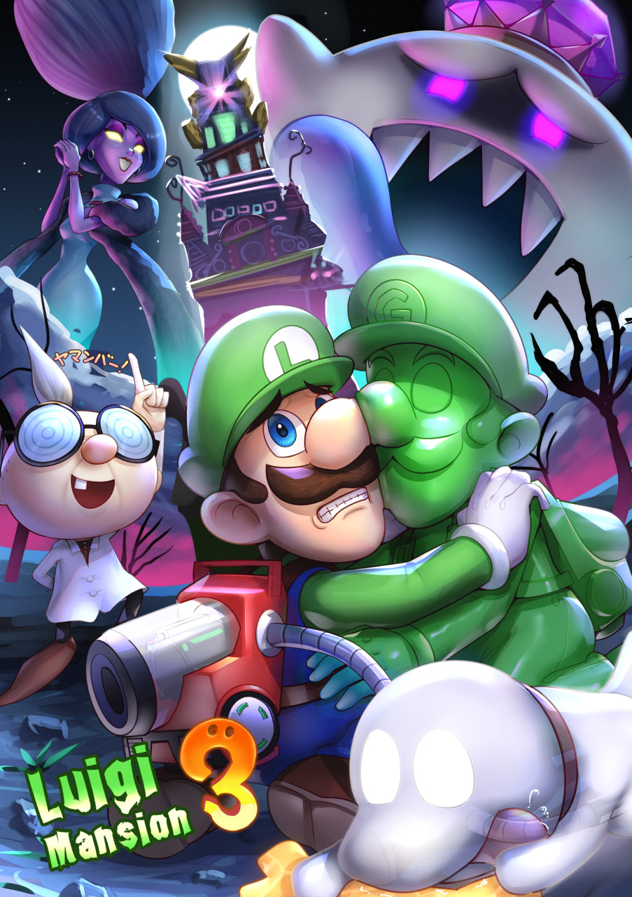 1girl 3boys :d arm_behind_back bare_tree beehive_hairdo blue_eyes blue_overalls bracelet breasts brown_footwear brown_hair coke-bottle_glasses commentary_request copyright_name crown dog dress earrings eyeshadow facial_hair full_moon ghost glasses gloves glowing glowing_eyes gonzarez gooigi green_headwear green_shirt hellen_gravely highres index_finger_raised jewelry king_boo lab_coat lipstick logo luigi luigi&#039;s_mansion luigi&#039;s_mansion_3 makeup mario_(series) moon multiple_boys mustache night night_sky nintendo old old_man open_mouth overalls own_hands_together poltergust_g-00 polterpup professor_elvin_gadd red_lips round_eyewear scared see-through_clothes sharp_teeth shirt shoes single_tooth sky smile standing star_(sky) teeth tongue tongue_out tower tree vacuum_cleaner white_gloves white_hair