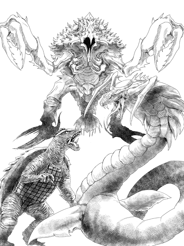 claws cobra_(animal) crab daiei_film fangs gamera gamera_(series) gamera_vs._garasharp garasharp giant giant_monster kaiju mandibles marukobukarappa monochrome monster no_humans nyoruniru pincers sea_monster sharp_teeth simple_background snake stinger tail teeth turtle tusks white_background