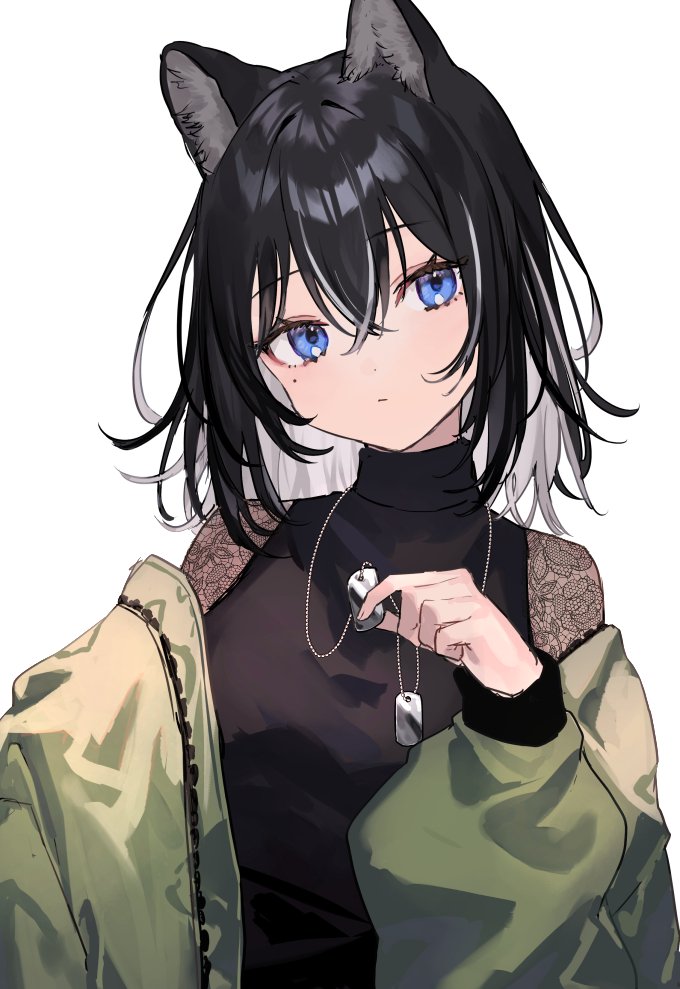 1girl animal_ears black_hair black_shirt blue_eyes closed_mouth colored_inner_hair crossed_bangs dog_tags green_jacket grey_hair hand_up holding_dog_tags jacket lace lace_sleeves long_sleeves medium_hair mole mole_under_eye multicolored_hair off_shoulder original shirt shugao simple_background solo streaked_hair turtleneck two-tone_hair upper_body white_background