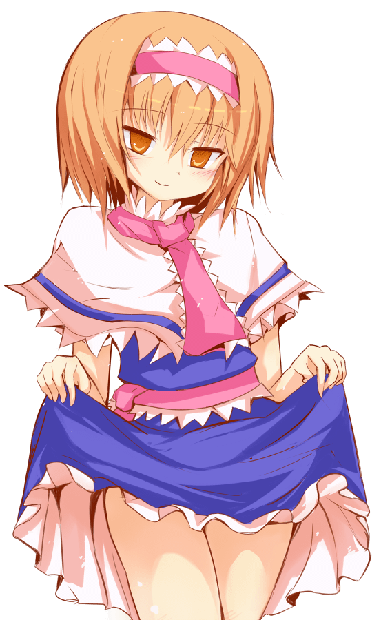 1girl alice_margatroid ayuki_(47881314) blue_dress blush capelet closed_mouth clothes_lift commentary cookie_(touhou) cowboy_shot dress frilled_hairband frilled_necktie frilled_sash frills hair_between_eyes hairband hinase_(cookie) huei_nazuki_(style) lifting_own_clothes looking_at_viewer necktie orange_eyes orange_hair parody pink_hairband pink_necktie pink_sash sash short_hair simple_background skirt skirt_lift smile solo style_parody touhou transparent_background white_capelet