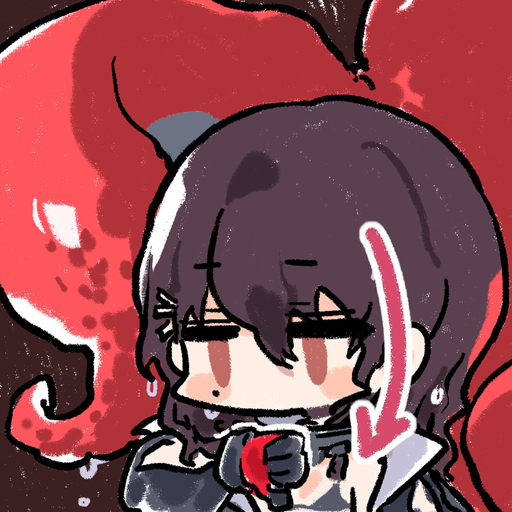 1girl bikini bikini_under_clothes black_bikini black_hair chibi chibi_only chinese_commentary cui_pi_zha_xia_qiu girls&#039;_frontline girls&#039;_frontline_neural_cloud hatsuchiri_(neural_cloud) jitome mole mole_under_eye no_mouth official_art second-party_source solo swimsuit tentacles thumbs_down wavy_hair