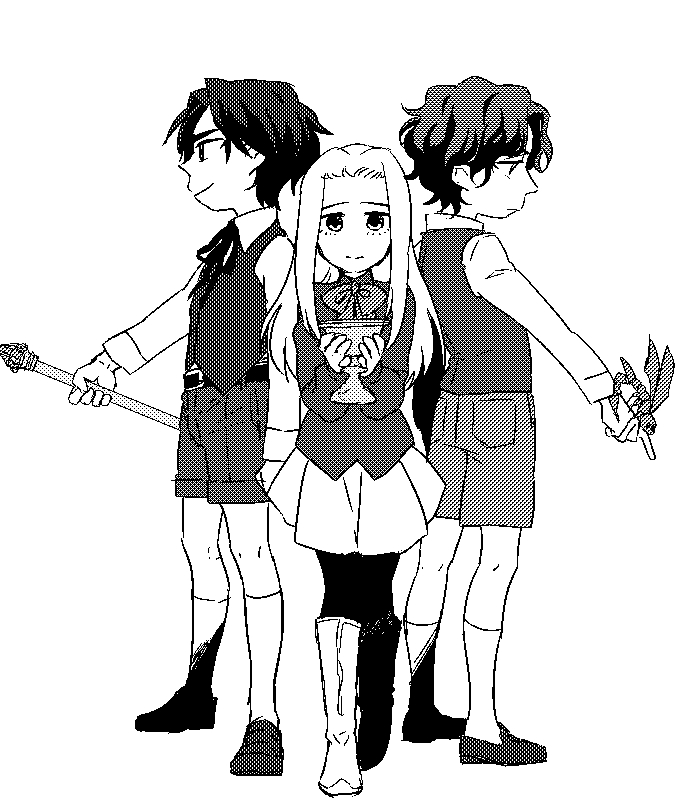 1girl 2boys aged_down bug cane child fate/zero fate_(series) greyscale holding holding_cane holy_grail_(fate) irisviel_von_einzbern long_hair matou_byakuya monochrome multiple_boys pantyhose ronpaxronpa short_hair shorts skirt tohsaka_tokiomi wavy_hair