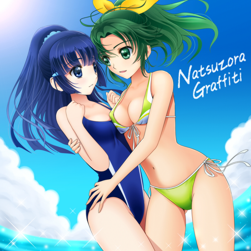 10s 2girls alternate_hairstyle aoki_reika bikini blue_eyes blue_hair breasts cleavage competition_swimsuit eye_contact green_eyes green_hair hair_ornament hairclip hug long_hair looking_at_another midorikawa_nao multiple_girls navel one-piece_swimsuit ponytail precure sekken_kasu_barrier short_hair side-tie_bikini_bottom smile_precure! sparkle swimsuit wide_ponytail