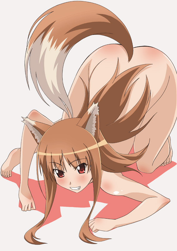 00s 1girl all_fours animal_ears barefoot brown_hair female_focus holo long_hair nude paopa_ship red_eyes solo spice_and_wolf tail wolf_ears wolf_tail