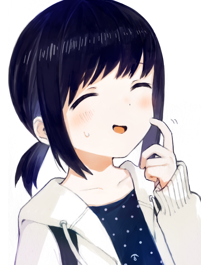 1girl ^_^ anchor_print black_hair blue_dress blush closed_eyes commentary dress fubuki_(kancolle) fubuki_(spring)_(kancolle) index_finger_raised jacket kantai_collection karamomo long_sleeves low_ponytail open_clothes open_jacket open_mouth polka_dot polka_dot_dress ponytail short_ponytail simple_background solo sweat upper_body white_background white_jacket