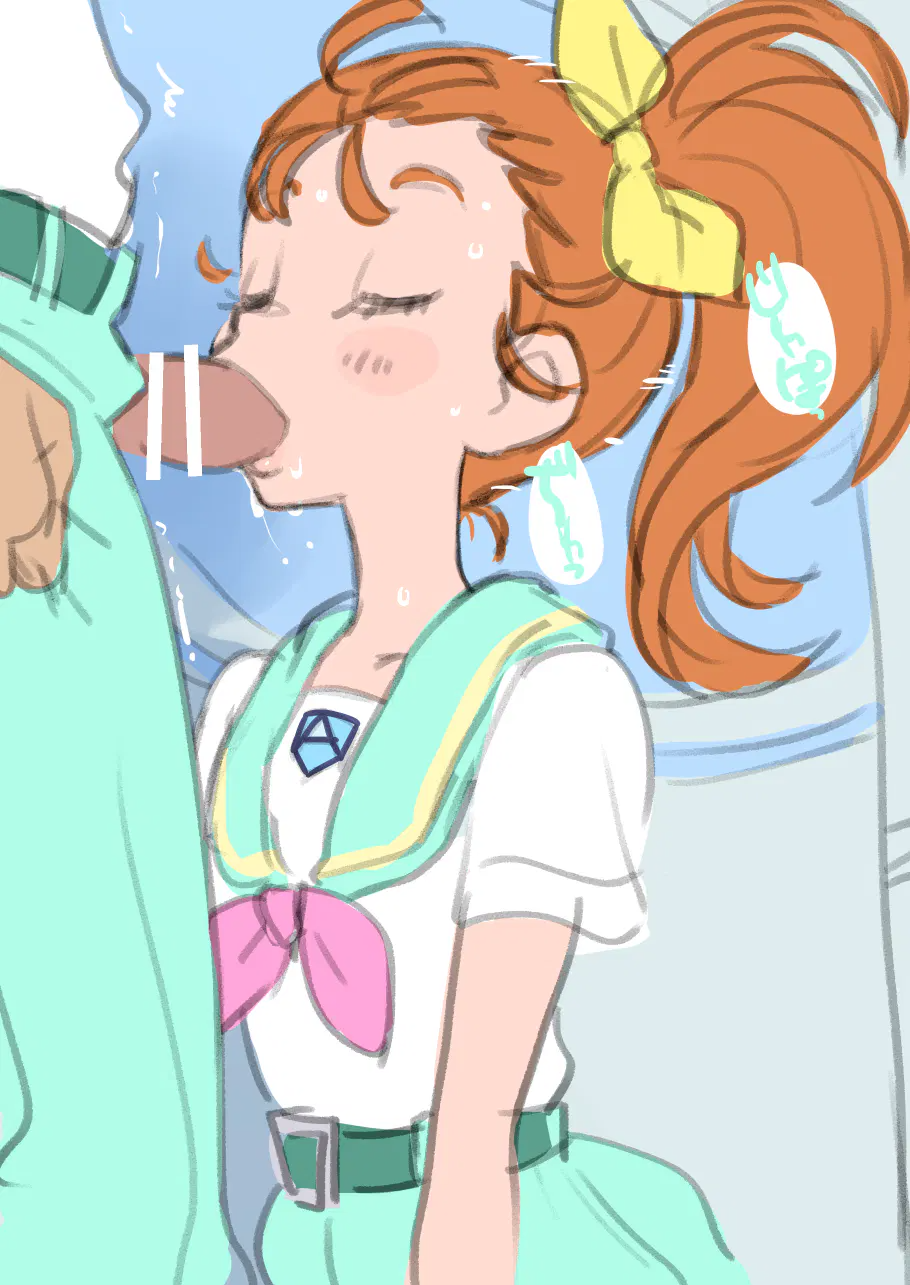 1boy 1girl blush breasts brown_hair censored closed_eyes erection fellatio flat_chest kikurage_(crayon_arts) large_penis loli natsuumi_manatsu oral original penis precure saliva school_uniform serafuku sketch small_breasts tagme tropical-rouge!_precure