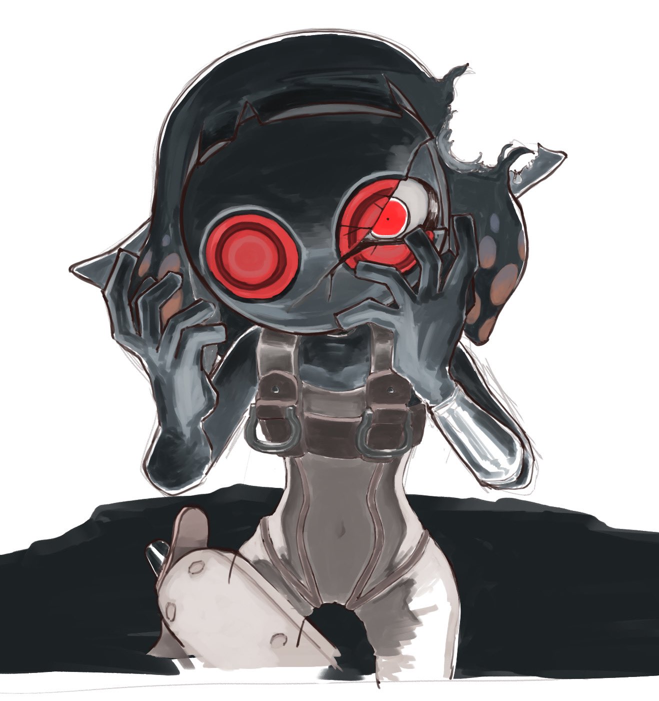 1girl black_skin bodysuit colored_skin covered_navel gun highres jelleton mask nintendo order_shot_(splatoon) parallel_canon_(splatoon) red_eyes simple_background sleeveless sleeveless_bodysuit smile_tarooo splatoon_(series) splatoon_3 splatoon_3:_side_order weapon white_background white_bodysuit