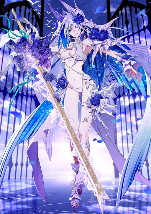 1girl aqua_hair armband bikini blue_background blue_flower blue_hair blue_sky braid breasts brynhild_(fate) brynhild_(swimsuit_berserker)_(fate) brynhild_(swimsuit_berserker)_(third_ascension)_(fate) cleavage cleavage_cutout clothing_cutout cloud colored_inner_hair crossed_ankles fate/grand_order fate_(series) fingernails floating_clothes floating_hair flower full_body game_cg gluteal_fold hair_flower hair_ornament halterneck hands_up head_tilt high_collar holding holding_sword holding_weapon huge_weapon jewelry long_hair looking_at_viewer medium_breasts miwa_shirow multicolored_hair navel official_art outstretched_arms parted_lips purple_nails ring ripples sandals sky smile solo stomach swept_bangs swimsuit sword thigh_strap third-party_source toenails toes variant_set veil very_long_hair weapon white_bikini white_sandals white_veil wrist_cuffs